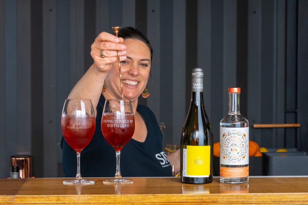 Bec Henderson from Seppeltsfield Rd Distillers mixing the S.V. Cassis Spritz cocktail