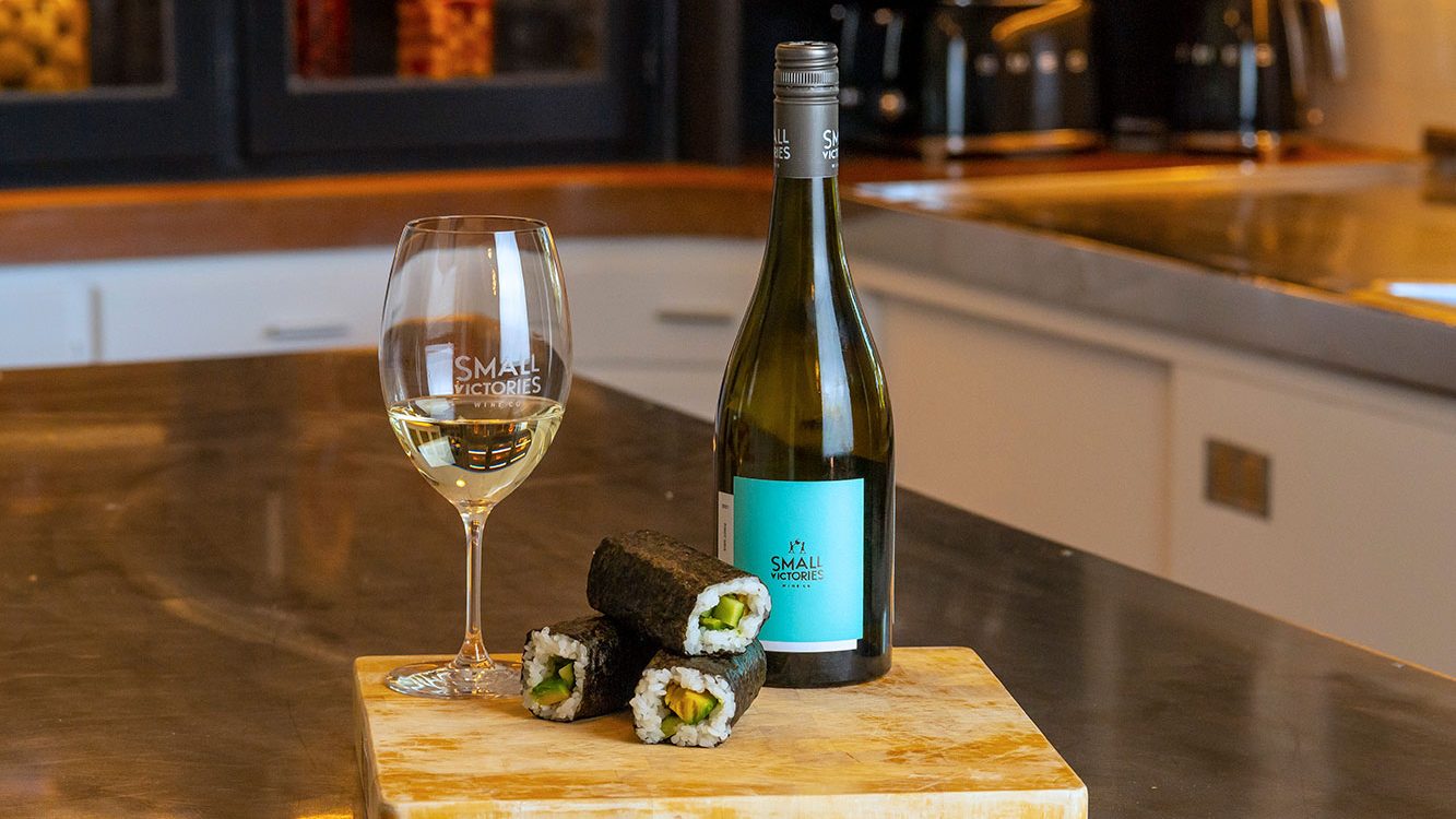 Small Victories Pinot Gris vegan wine with food match vegan sushi rolls on kitchen bench