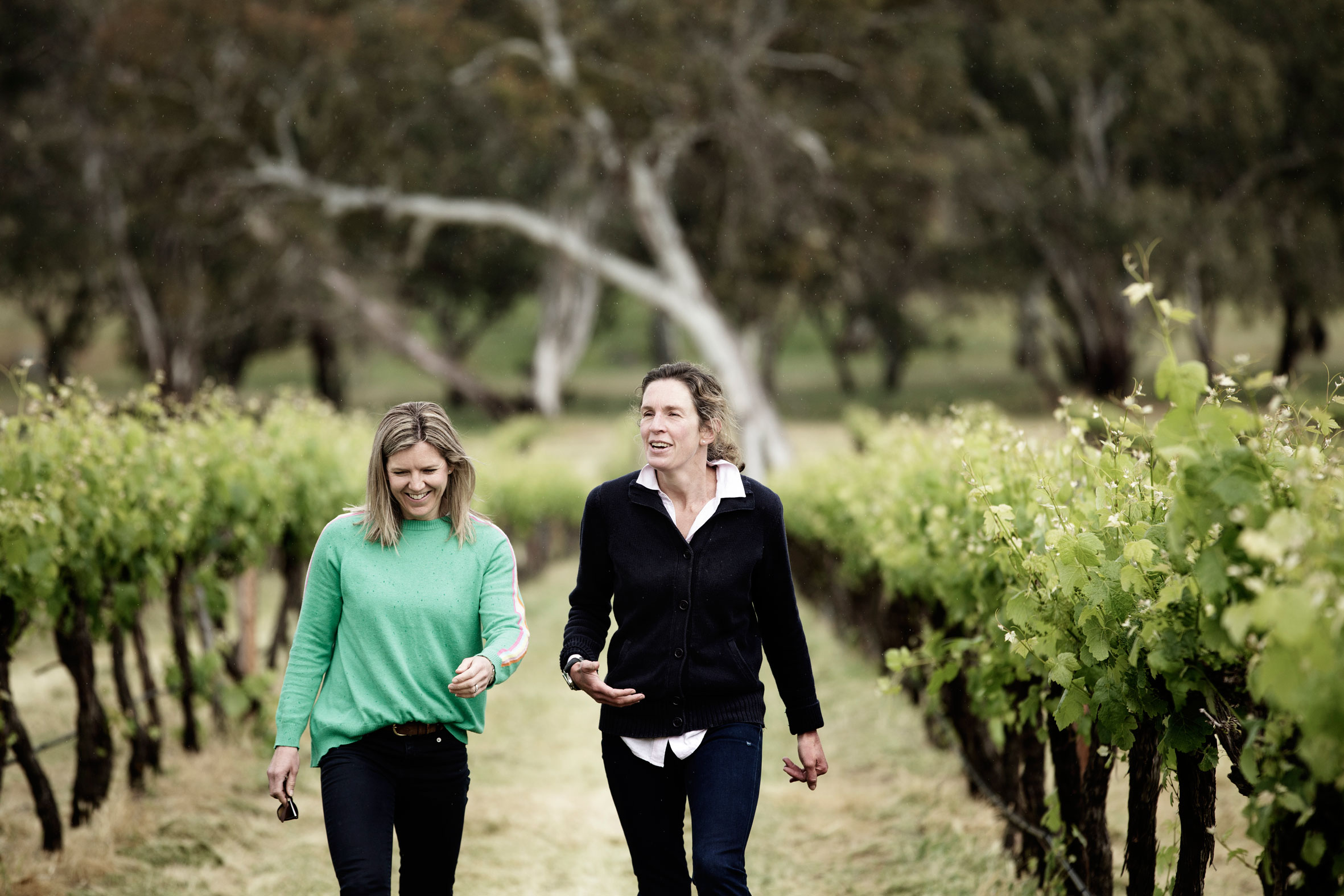 Bec and Jules Ashmead walking and chatting in Eden Valley Vineyard